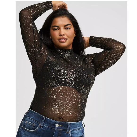 Torrid 3 (3X 22/24) Sexy Black Sheer Mesh Gold Stars Mock Neck Long Sleeve Top - Picture 2 of 3